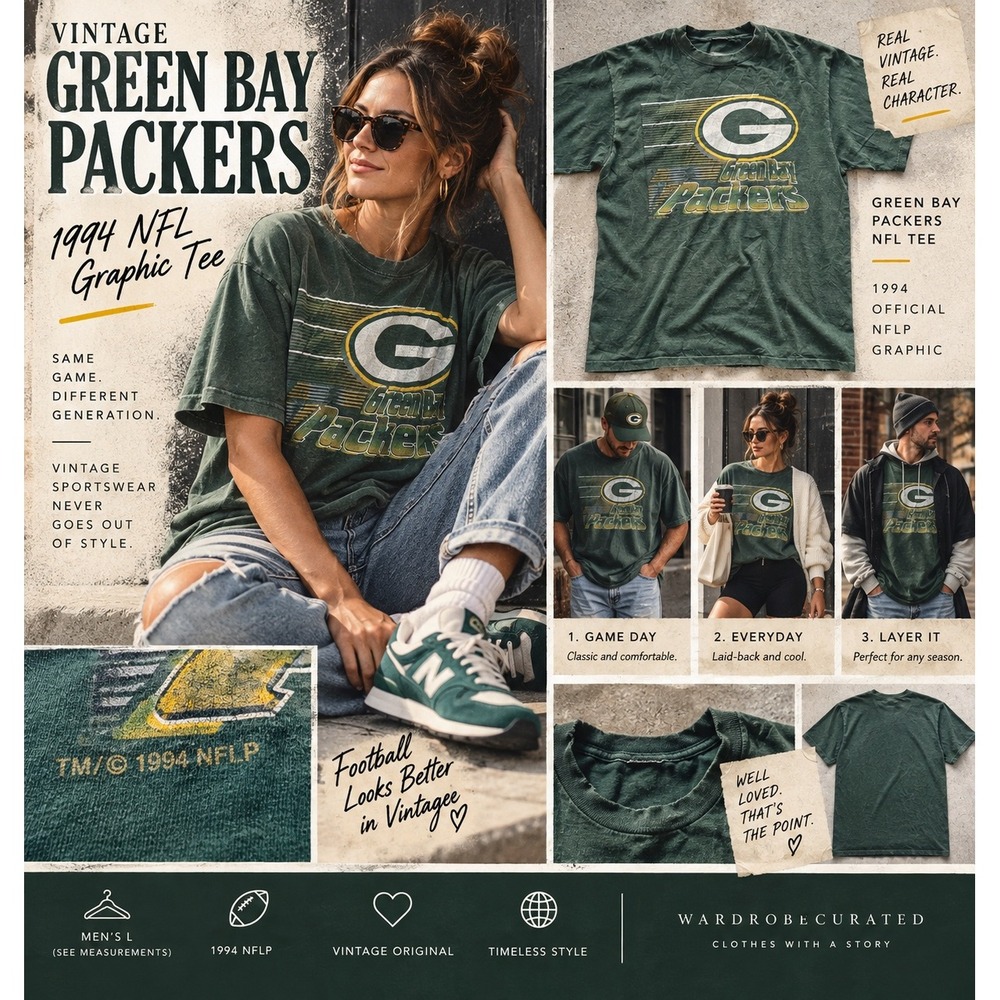 Vintage 1994 Green Bay Packers NFL Football Graphic T Shirt Green 90s Mens L
